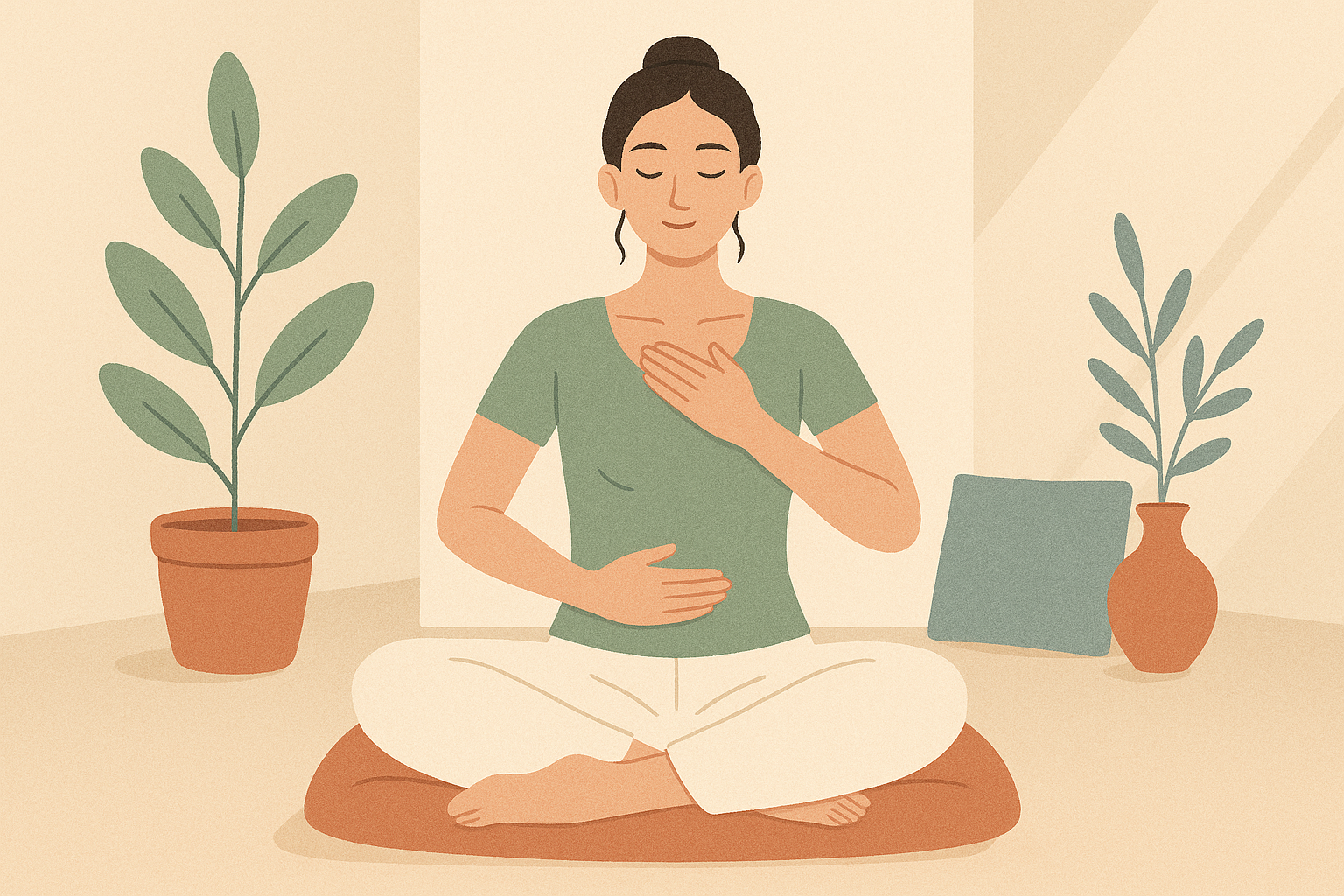 Femme assise pratiquant la respiration abdominale, une main sur le ventre et une sur la poitrine