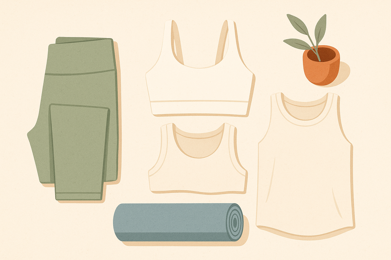À-plat soigné d'une tenue de yoga femme posée sur fond crème, legging plié, brassière et débardeur, style éditorial