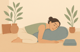Femme en posture de yoga restauratif, buste reposé sur un bolster