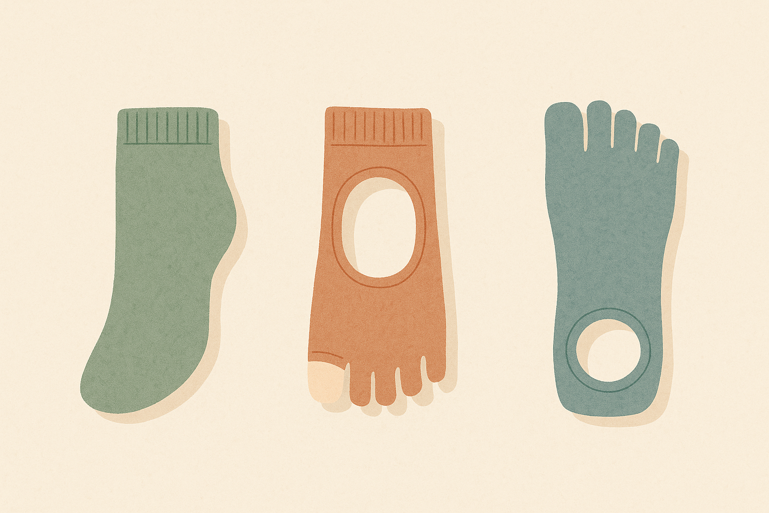 Trois formes de chaussettes de yoga : fermée, ouverte, cinq doigts
