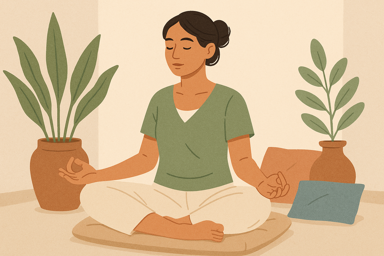 Femme en méditation, mains sur les genoux en gyan mudra