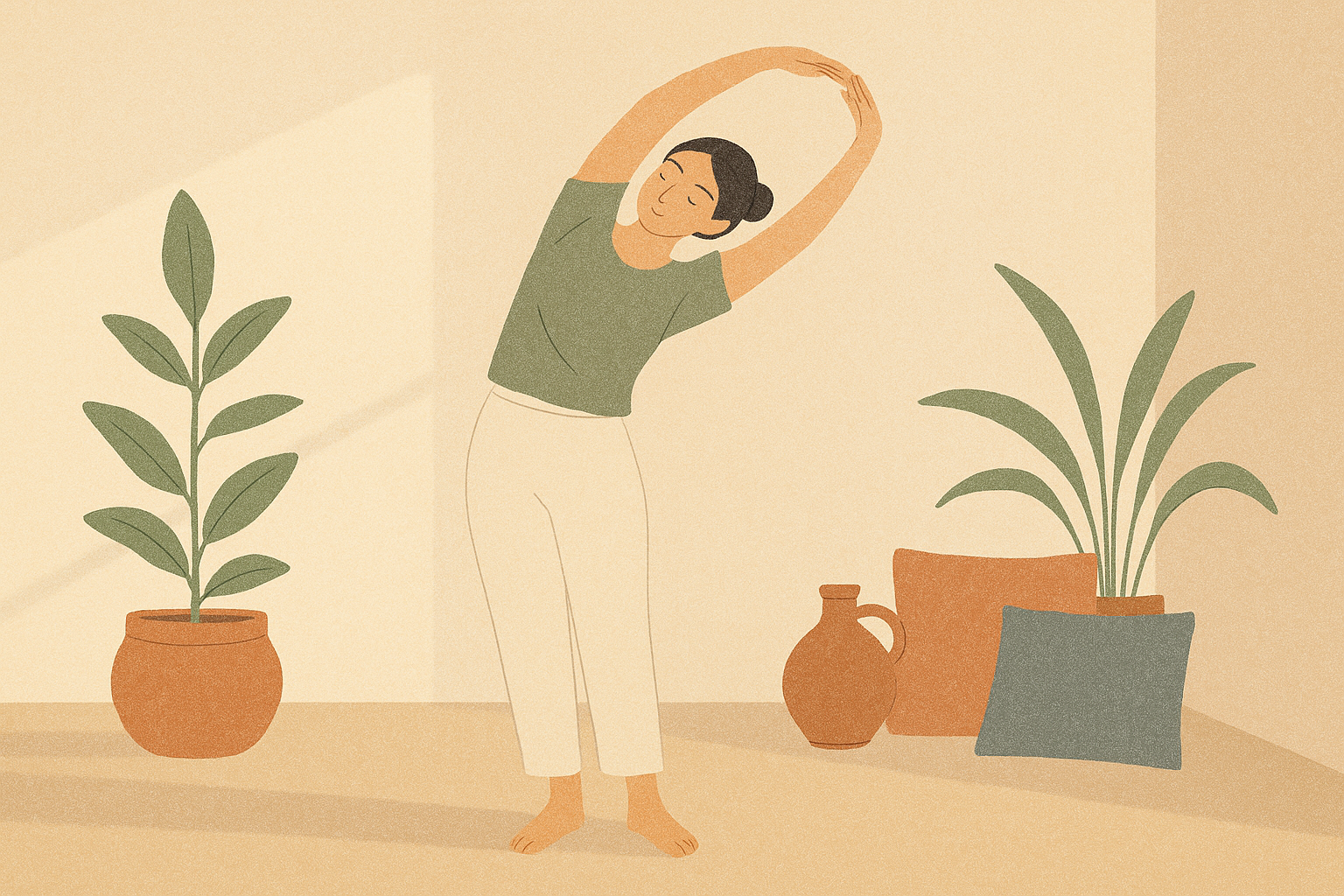 Femme en flexion latérale bras levés, salutation à la lune