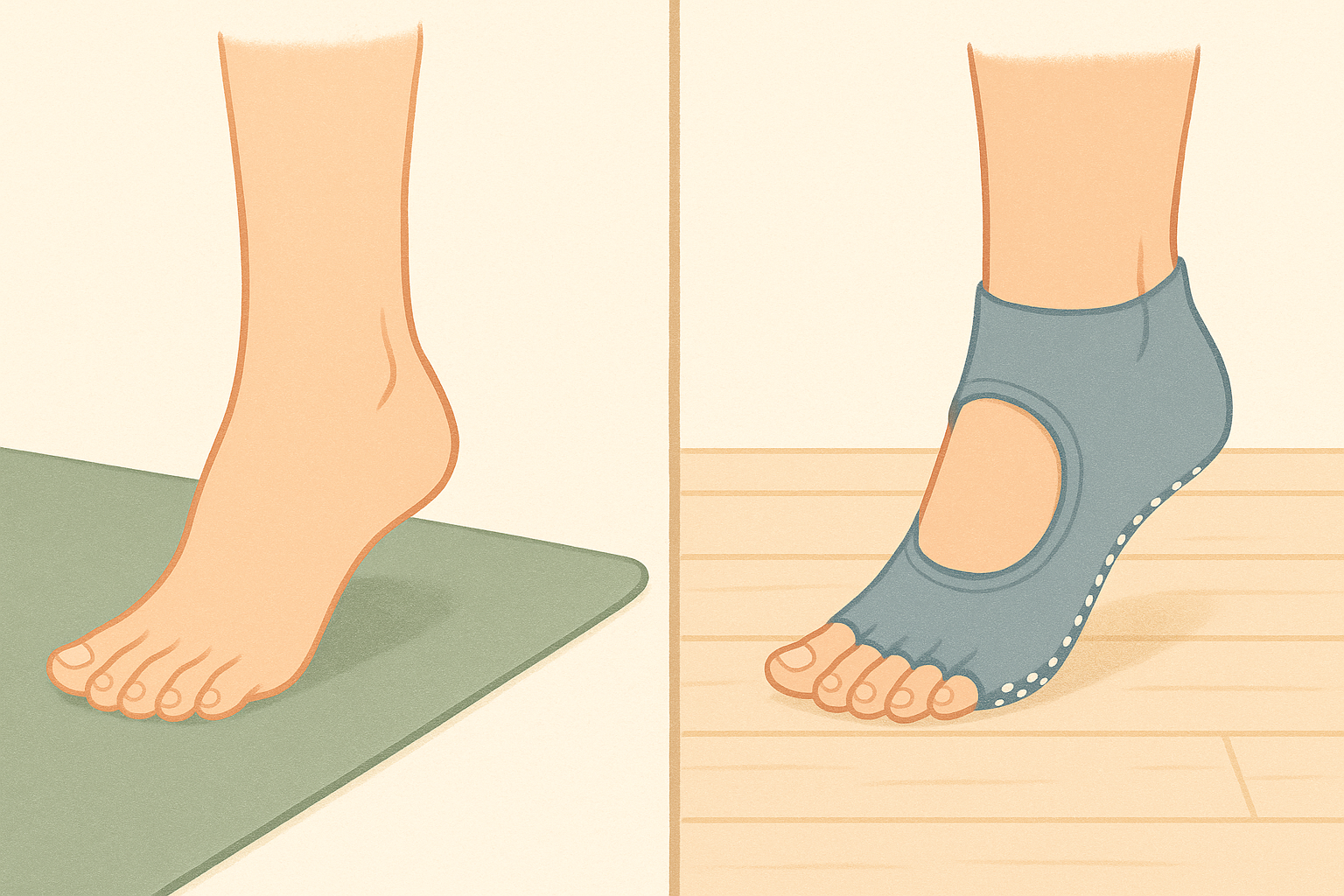 Pied nu sur tapis et pied en chaussette à picots sur parquet