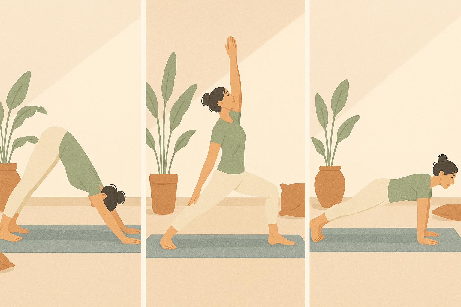 Chien tête en bas, guerrier et planche en yoga dynamique